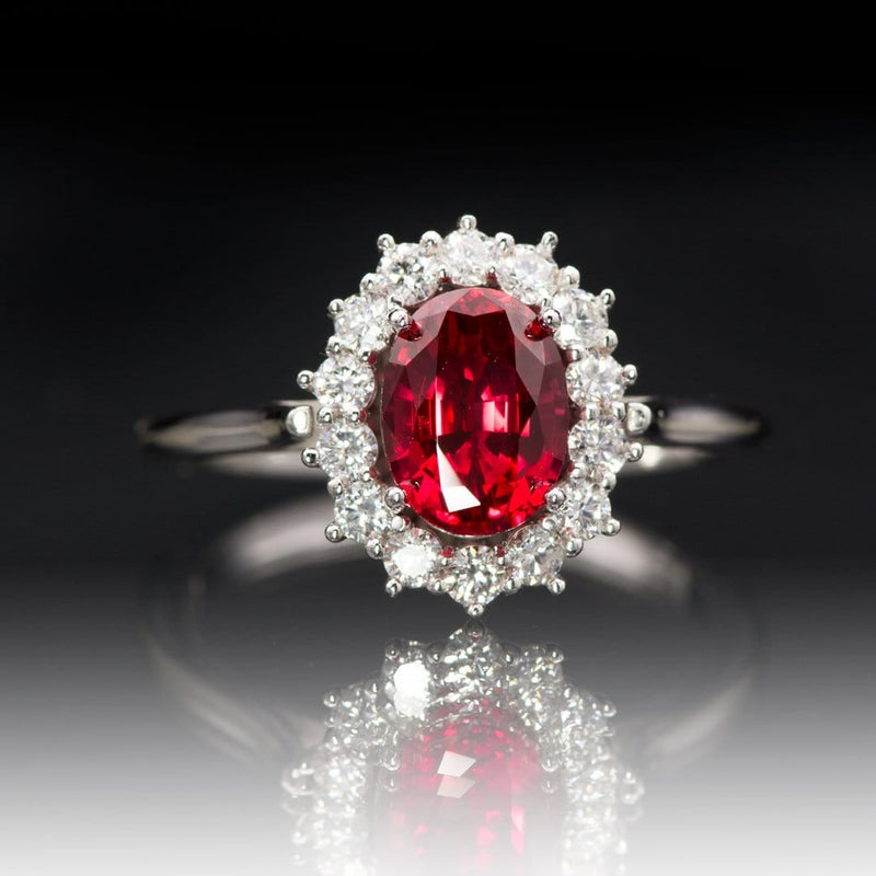 OVAL LAB_CREATED RUBY PRONG SET HALO ENGAGEMENT RING