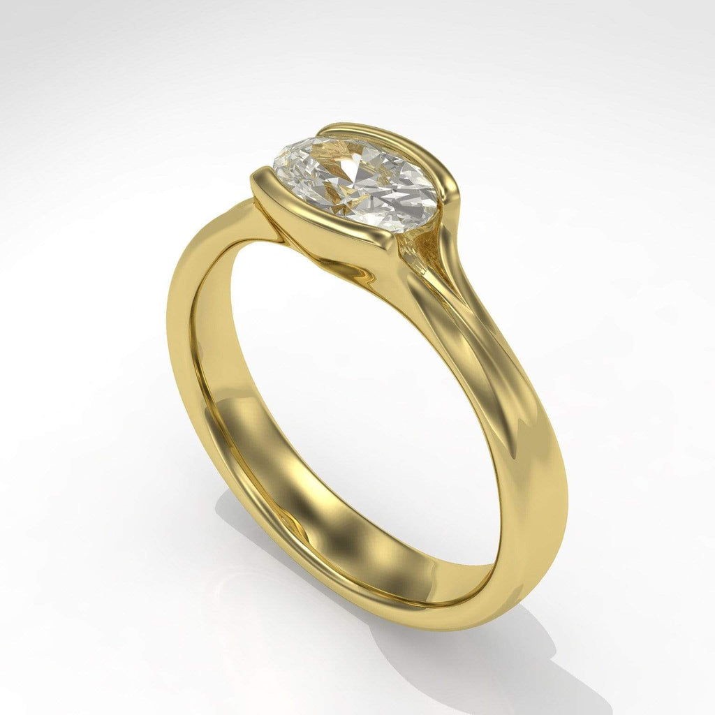 Oval Moissanite Solitaire Ring Fold Half Bezel Engagement Ring
