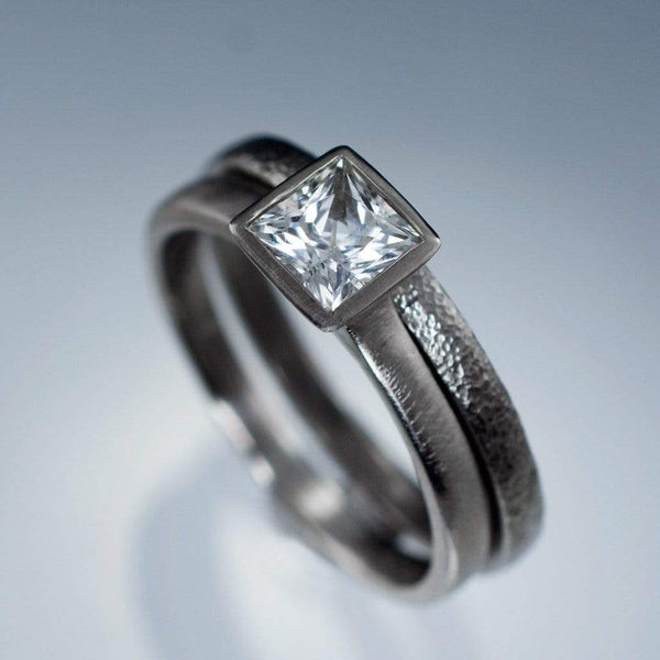 Princess Cut Bezel Set White Sapphire Bridal Ring Set Engagement Ring