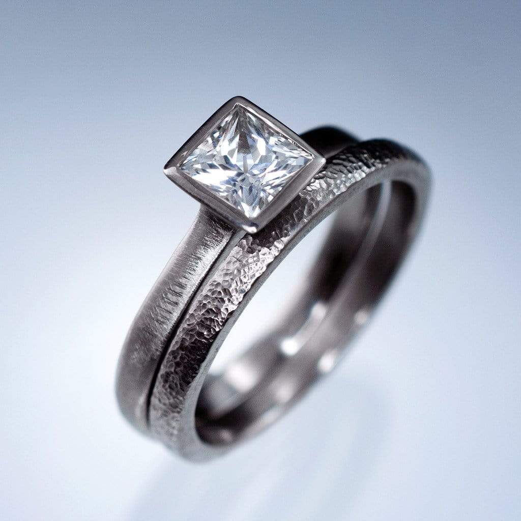 Princess Cut Bezel Set White Sapphire Bridal Ring Set Engagement Ring