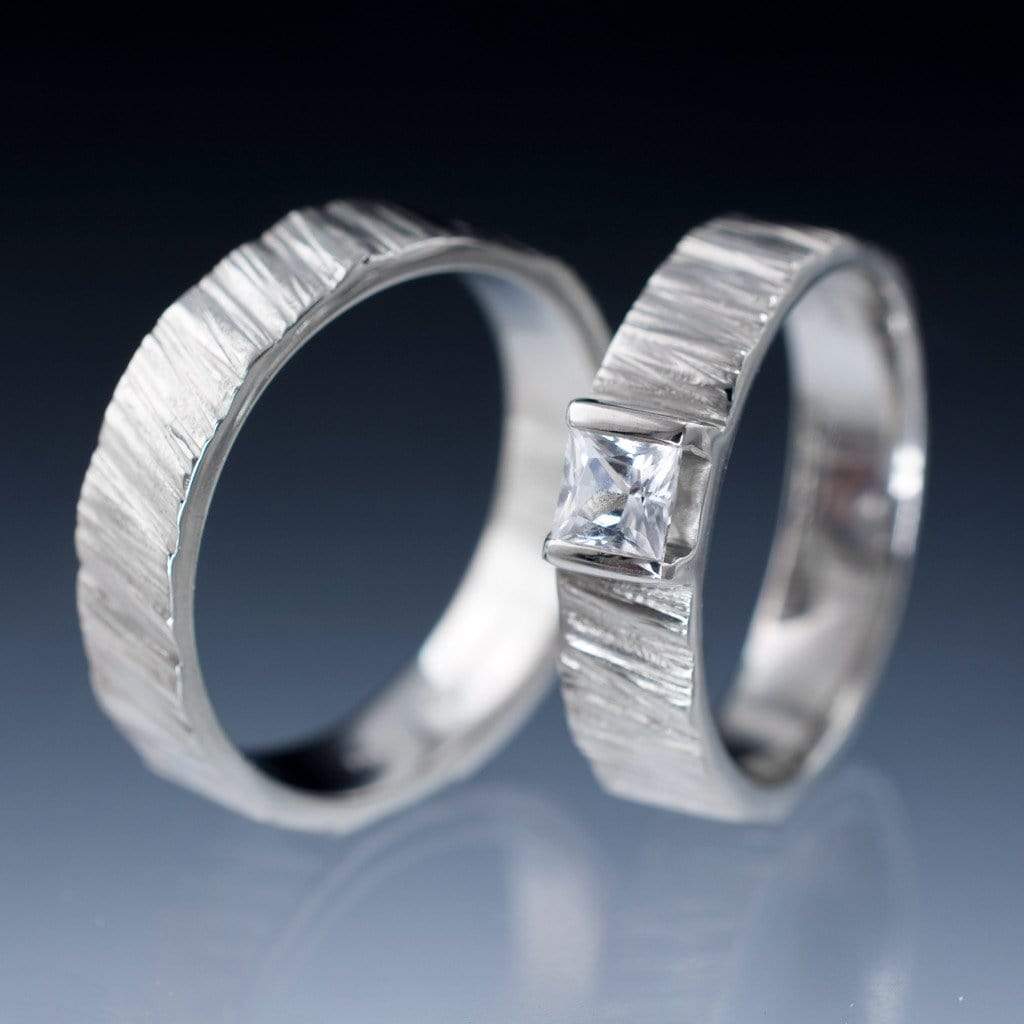 Saw Cut Textured Wedding Ring Set with Princess Cut White Sapphire ...