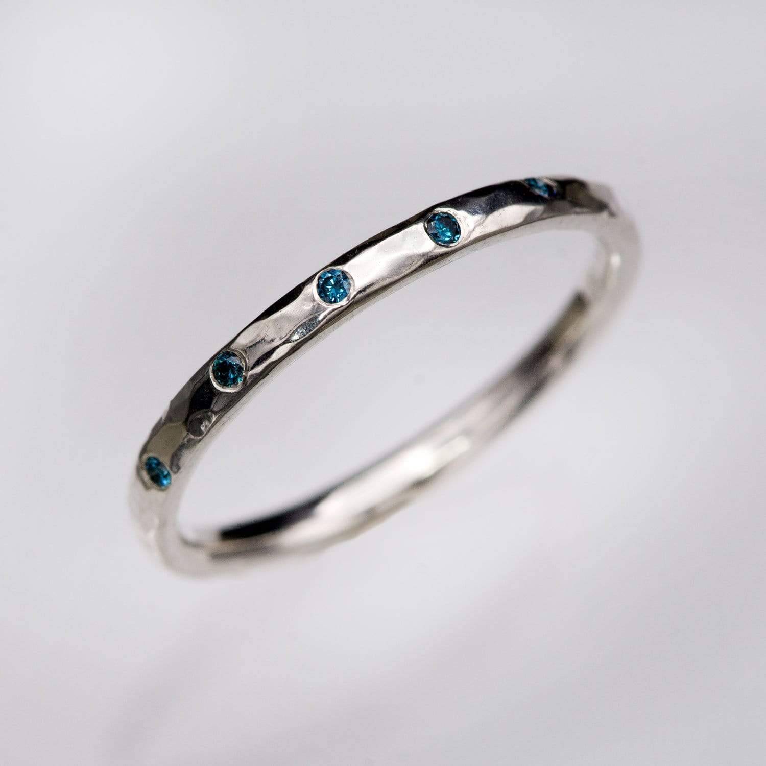 Skinny Teal Diamond Wedding Ring Thin Hammered Texture