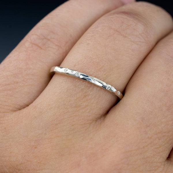  Thin  Diamond Wedding  Ring  Skinny Hammered Texture Gold 