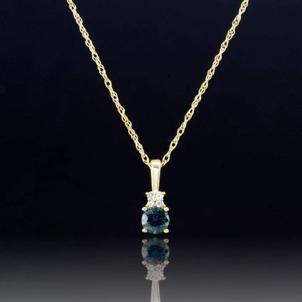 TEAL BLUE GREEN FAIR TRADE MONTANA SAPPHIRE & DIAMONDS 14K YELLOW GOLD PENDANT NECKLACE