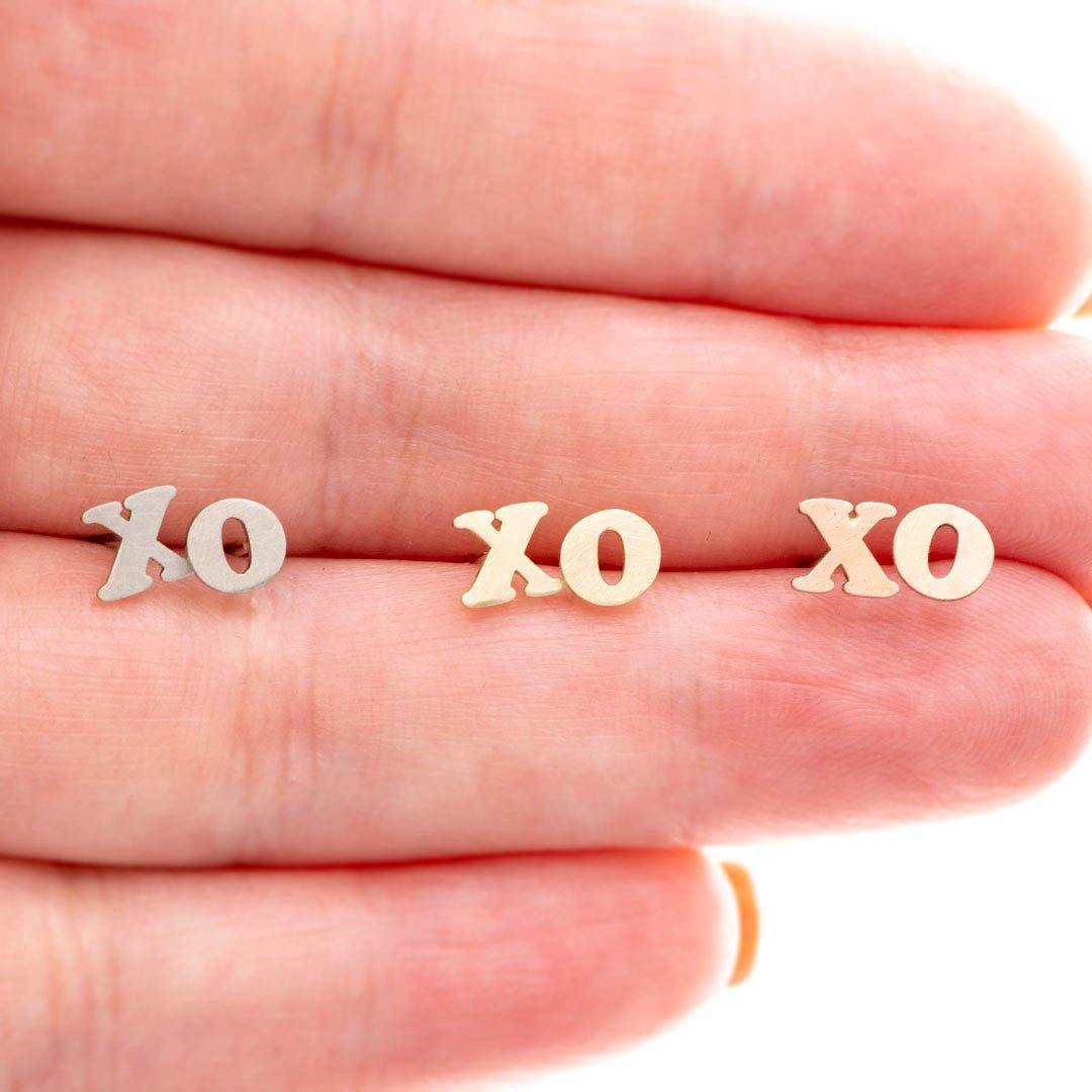 Tiny XO Hugs & Kisses 14k White Gold Stud Earrings, Ready to Ship