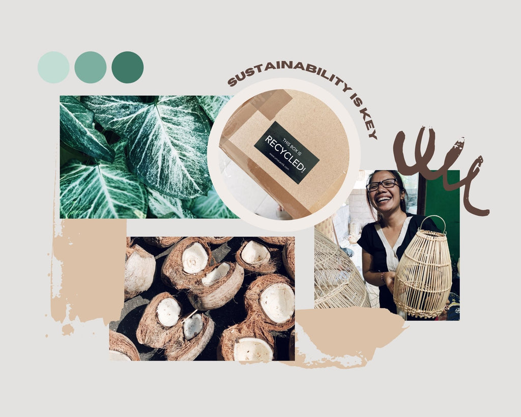 Image collage for the Uma Cantik sustainability page with a recycling sticker, an artisan with a handmade rattan lampshade, coconut shells and green leafs