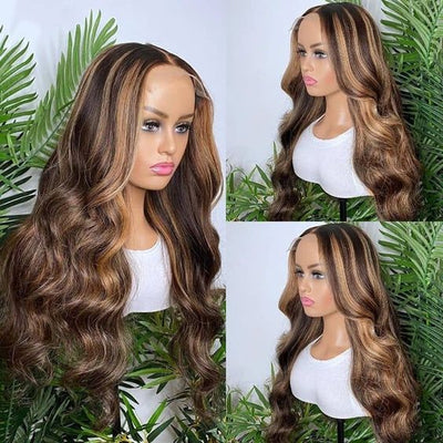Brown Hair with Blonde Highlights Transparent Lace Body Wave Lace Front Wigs