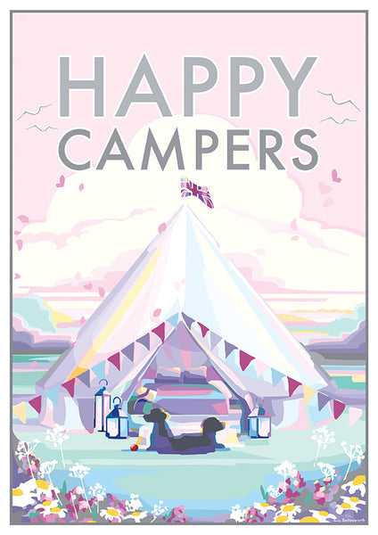 Happy Campers vintage style, retro quote poster and print by Becky Bet