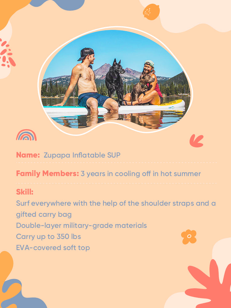 A couple with a black dog on a floating Zupapa inflatable SUP