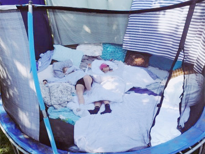 trampoline as bed for family