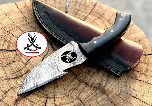 9 Inches HAND FORGED Fixed Blade Damascus Steel Gut Hook Hunting