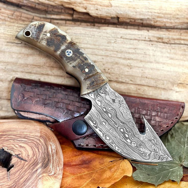 Buy Damascus Steel Custom Handmade Hunting Gut Hook Knife 8 Inches