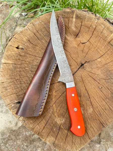 Handmade sheath and handmade Damascus knife. Sheath is top quality full  grain 100% cowhide 8-9oz thick leather made in USA. Knife is handmade  forged Damascu…