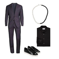 Look #1 Burgundy suit, Black dress shirt,  Jan Leslie Diamond Accent Sterling Silver Freshwater Pearl & Black Agate Bead Necklace, Black patent leather tennis shoes. 