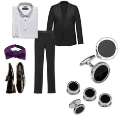 Mens look #2 with SIGNATURE PURPLE BEE BOWTIE, black tuxedo, white dress shirt, black patent leather loafers, & Jan Leslie Gemstone Rivet Etched Detail Sterling Silver Cufflinks and Tuxedo Stud Set. 