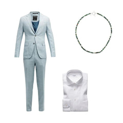 Mens look # 3 with EMERALD BEADED NECKLACE WITH STERLING SILVER ACCENTS AND TOGGLE CLOSURE, Zenga Bright Blue Check Suit, & white dress shirt. 