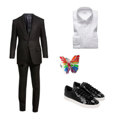 Mens look # 4 with HAND PAINTED RAINBOW ENAMEL BUTTERFLY STERLING SILVER LAPEL PIN, Black Tuxedo, White dress shit, & patent leather black sneakers. 