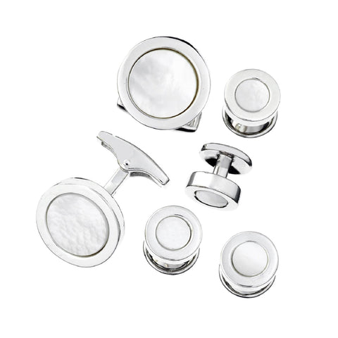 MOTHER OF PEARL INLAY ROUND STERLING SILVER CUFFLINKS & TUXEDO STUDS