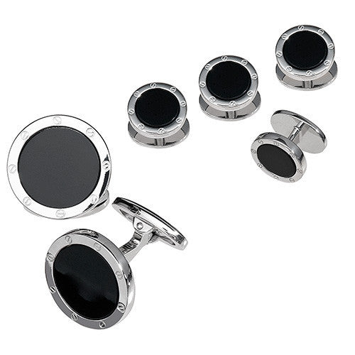 Onyx Gemstone Rivet Etch Sterling Cufflinks & Studs - Jan Leslie product image