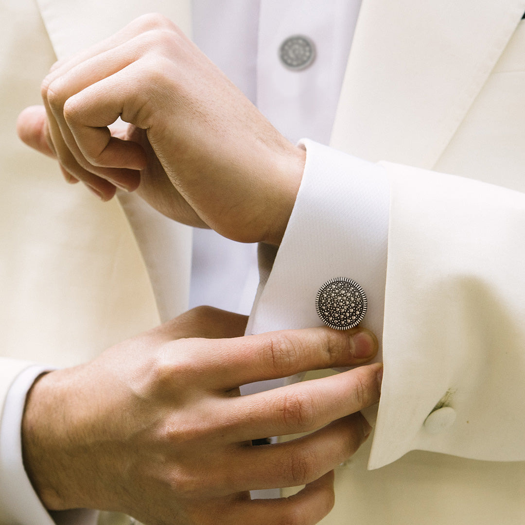 Round Marcasite Pave' Sterling Silver Cufflinks & Tuxedo Studs