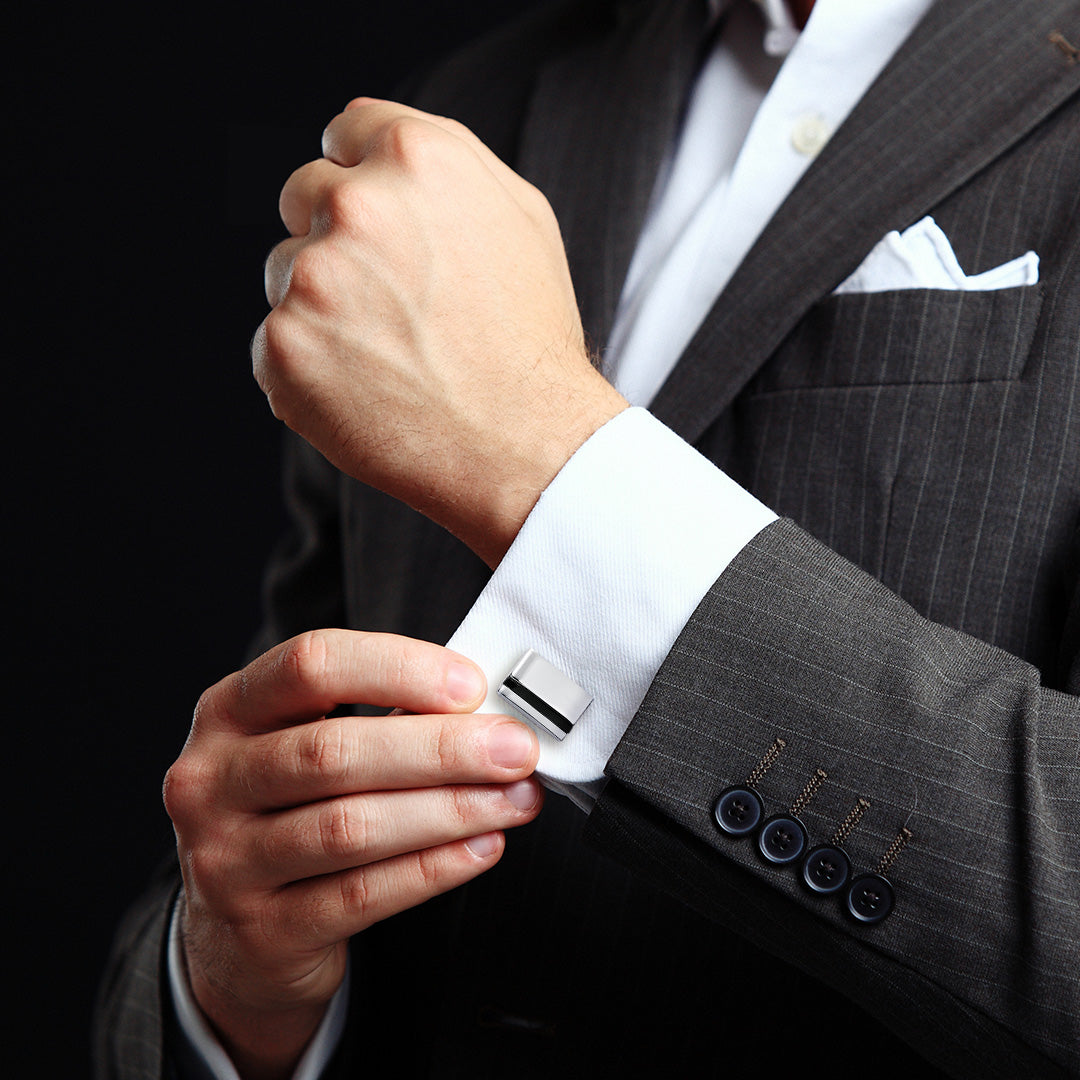 Rectangular Onyx Stripe Engravable Sterling Silver Cufflinks | Jan Leslie