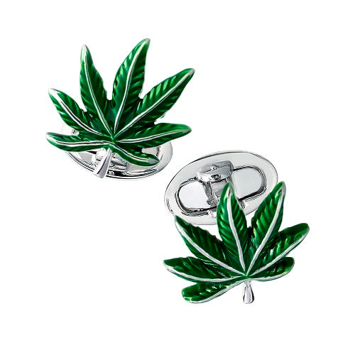 Green Enamel Cannabis Leaf Sterling Silver Cufflinks