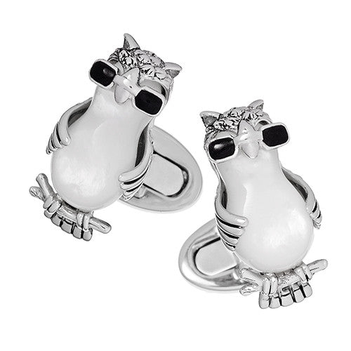 Mother-of-Pearl Owl with Cool Sunglasses Sterling Silver Cufflinks