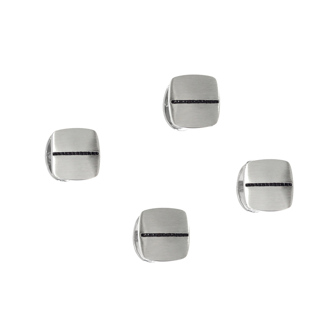 Brushed Soft Square Sterling Silver Tuxedo Studs with Black Diamonds