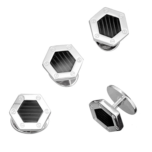 Black Enamel Hexagon Screw Sterling Silver Tuxedo Studs