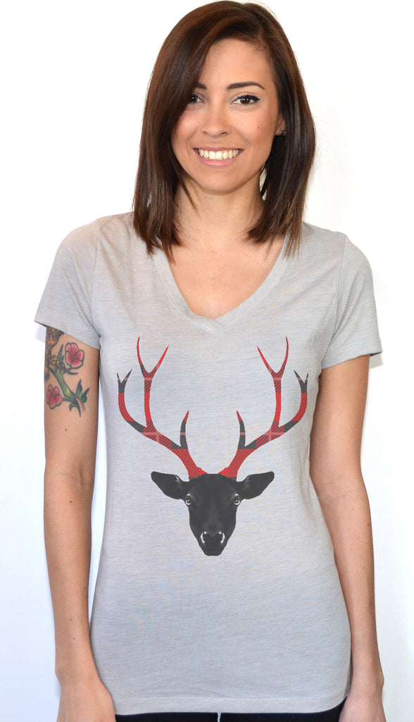 Artisan Tees - Plaid Antlers V-neck Graphic T Shirt