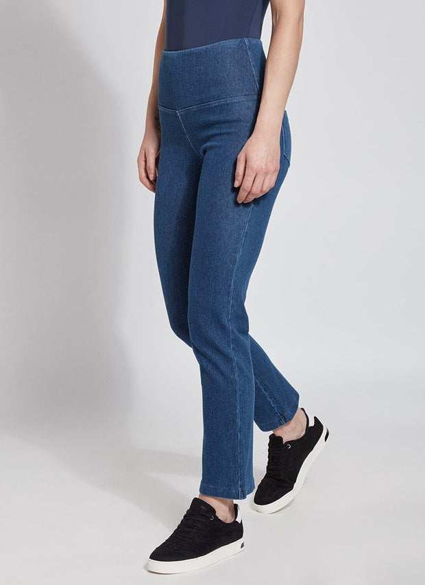 LYSSÉ Denim Straight Leg Jean is a full length high waisted stretch denim knit pant with a concealed inner waistband made in a polyester blend that lends to a very slimming fit that hugs the body.