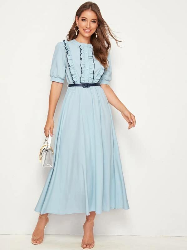 Frill Trim Puff Sleeve Belted Dress – mofylook