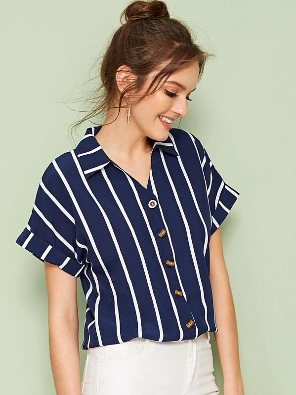 Women Rolled Cuff Striped Blouse – mofylook