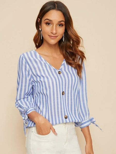 Women Button Detail Knot Cuff Striped Top – mofylook