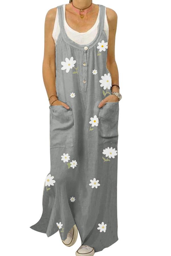 Casual Floral Print Paneled Buttoned Pockets Spaghetti Maxi Dress ...