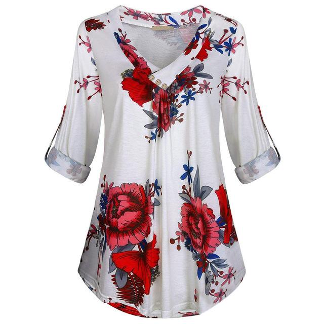 Corachic.com - 5XL Plus Size Women Tunic Shirt Floral Print V-neck Blouses And Tops - Blouse &amp; Tops