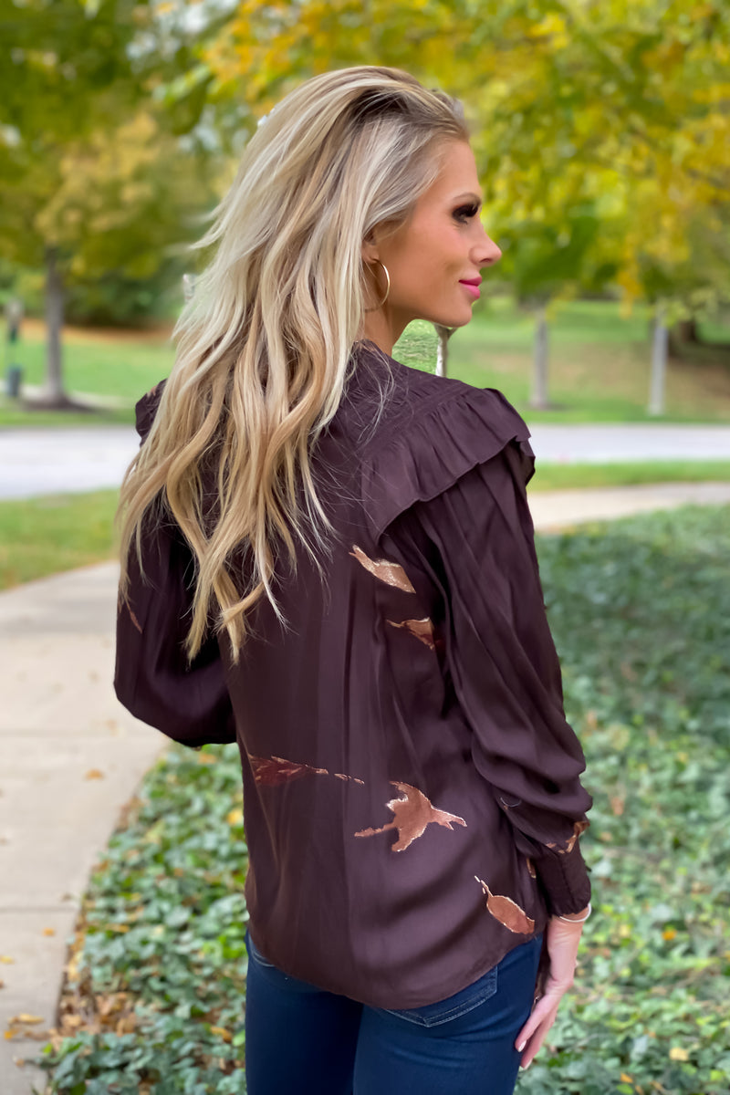 Touch Of Kindness Printed Satin Long Sleeve Blouse : Dark Brown