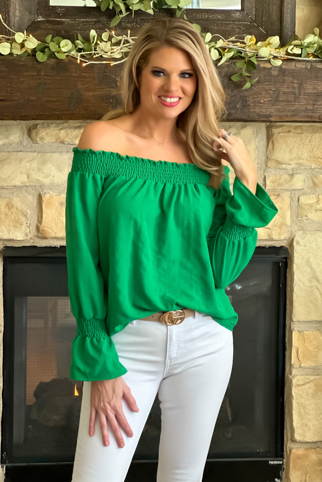 Ariella You've Got This Off Shoulder Smocked Top : Green – TeaElla