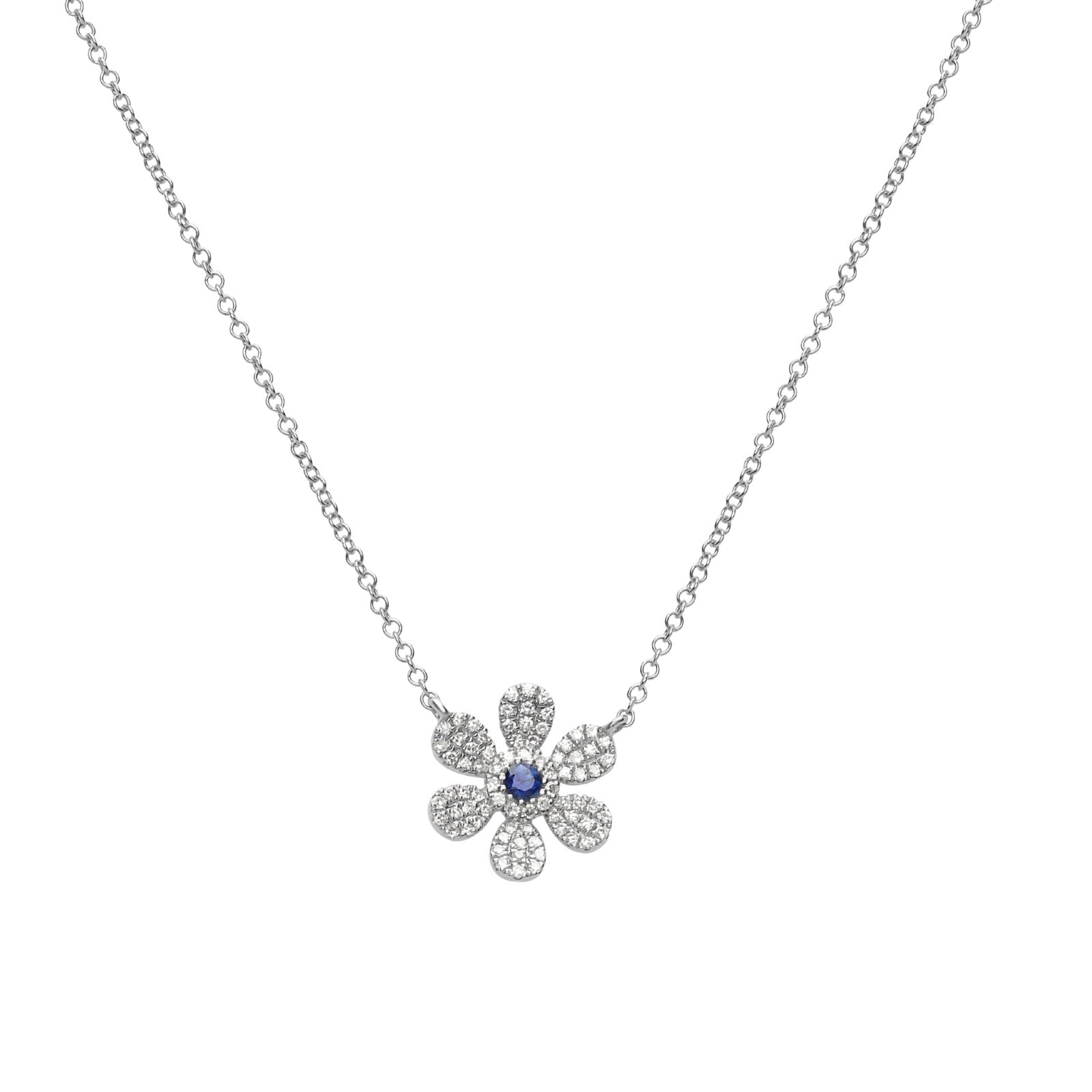 This 14k white gold diamond pave flower necklace features 0.44 carats of  round brilliant diamonds.