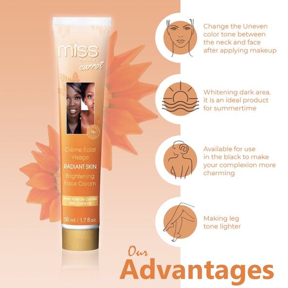 Fair and White Miss White Carrot Brightening Face Cream - 1.7 Fl oz NHQ Mitchell Brands - Mitchell Brands - Skin Lightening, Skin Brightening, Fade Dark Spots, Shea Butter, Hair Growth Products