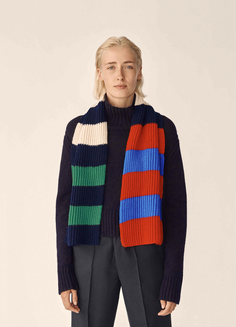 Winter Market Striped Pull Through Geelong Scarf in Red/Blue Stripe