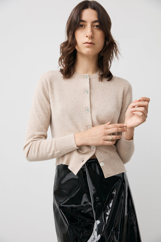 Iris Cashmere Crewneck Cardigan in Beige