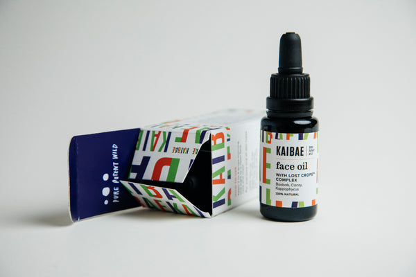 box and bottle of face oil with lost crops complex featuring baobab, cacay and seaweed