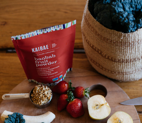 KAIBAE Baobab fruit powder with fresh organic farmer's market produce to make a superfood smoothie to restore gut health and gut microbiome balance.