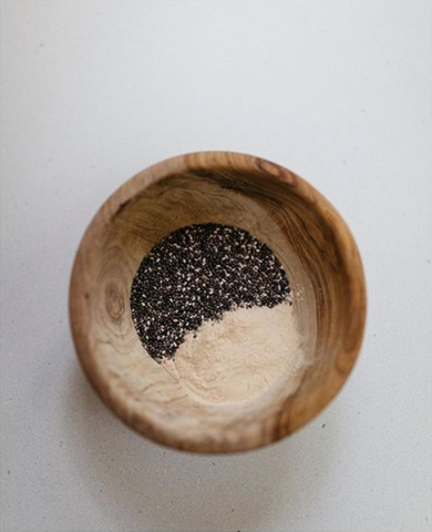 Kaibae organic baobab fruit powder and chia seeds in a bowl