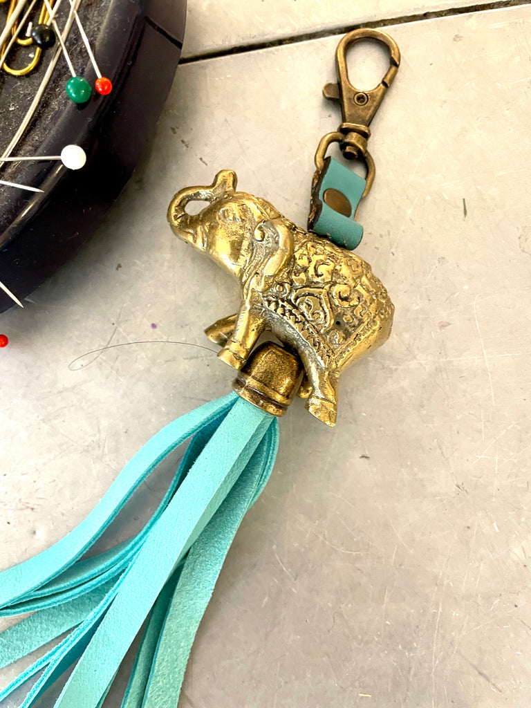 Running Gold Elephant With Turquoise Tassel Bag Charm