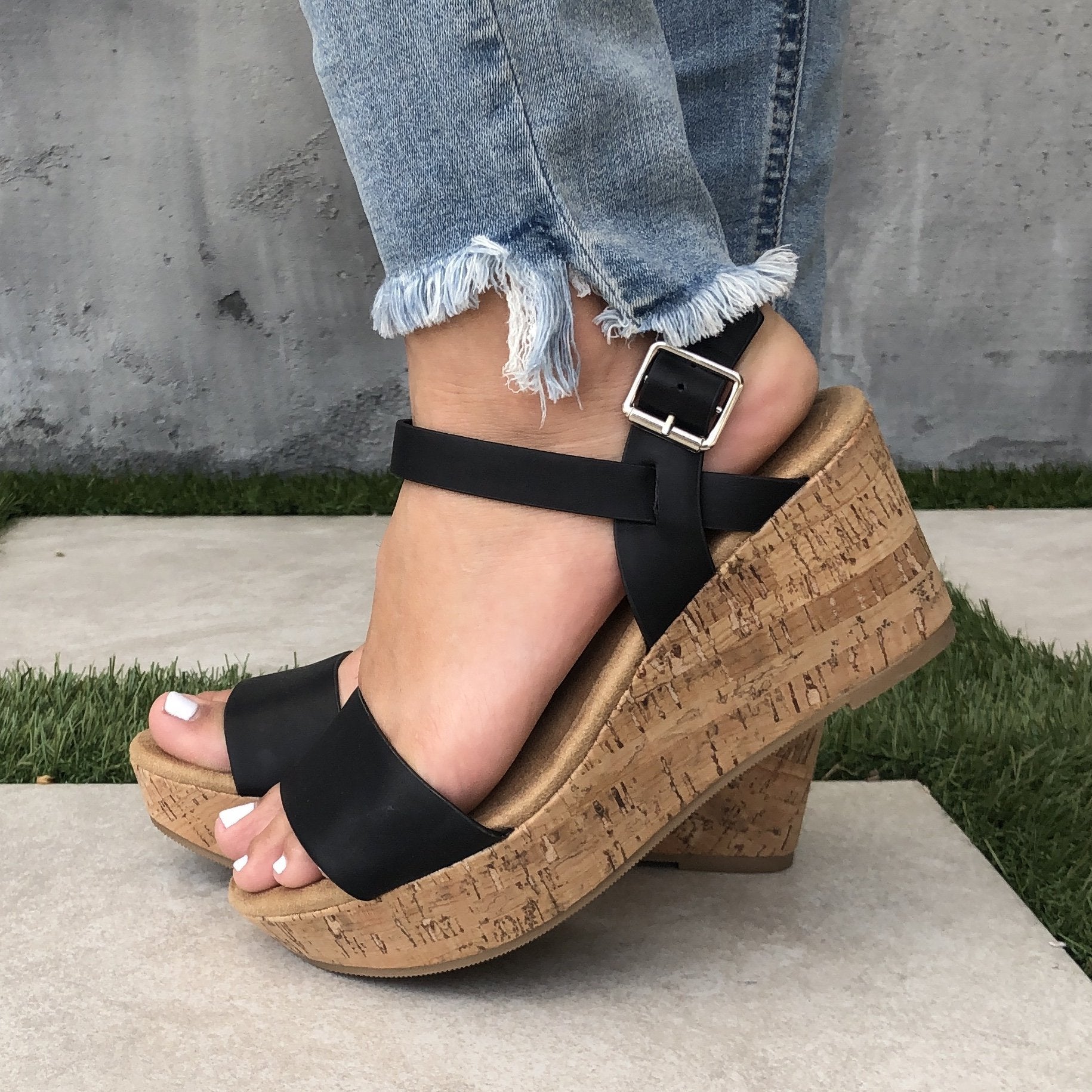 Arial Open Toe Cork Wedges in Black - Dainty Hooligan