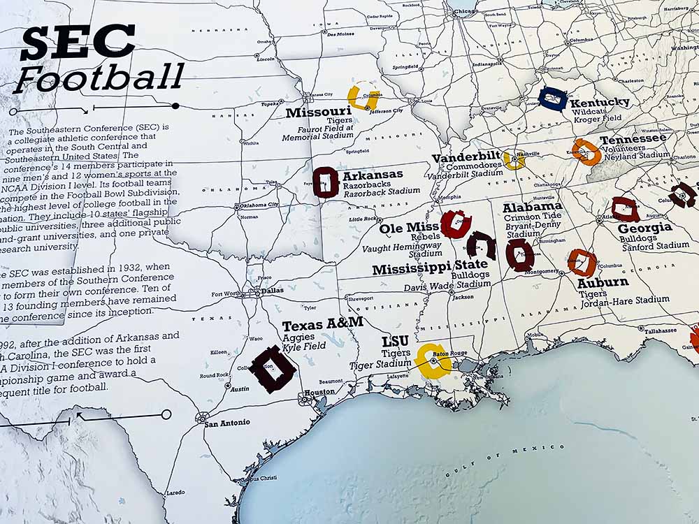 SEC College Football Stadium Map Poster GeoJango Maps