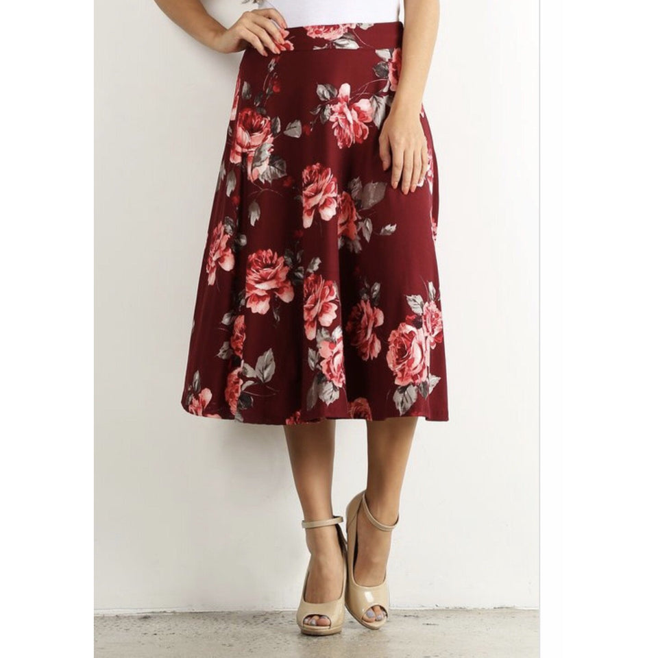 burgundy floral skirt