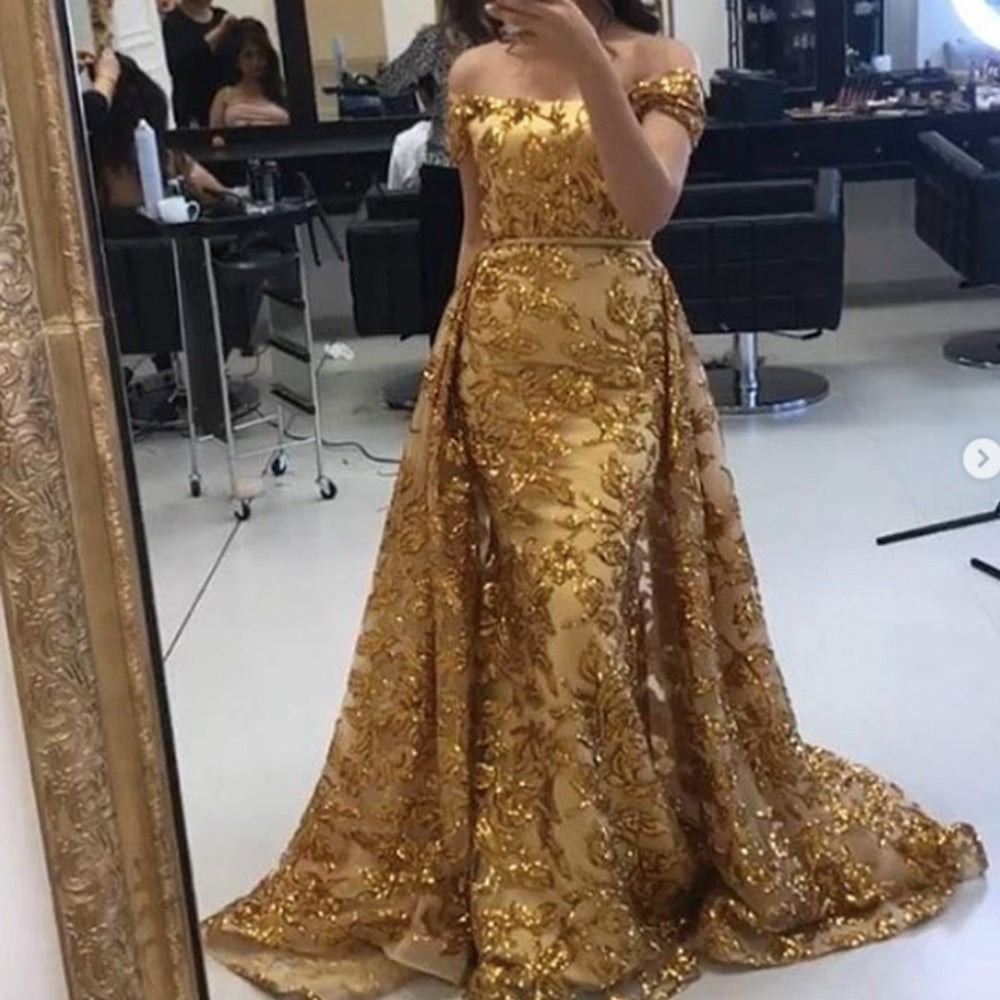 gold prom dress with train